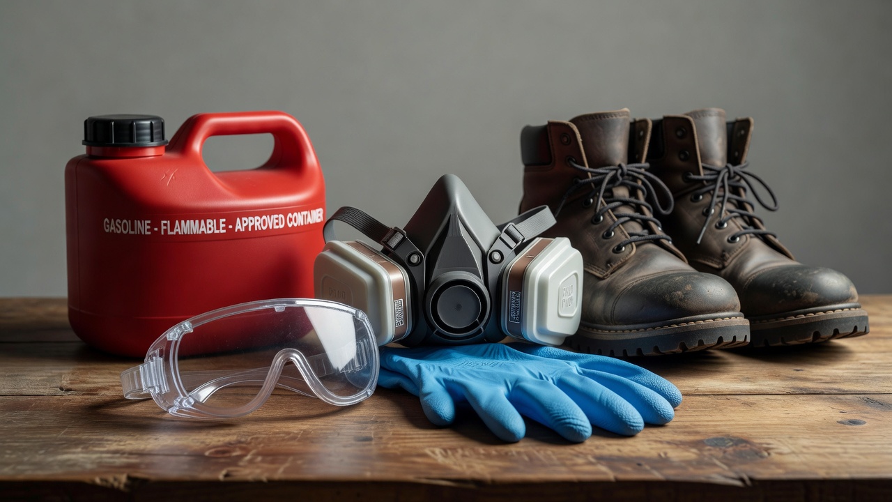 Safety equipment including goggles, gloves, and respirator laid out on a workbench