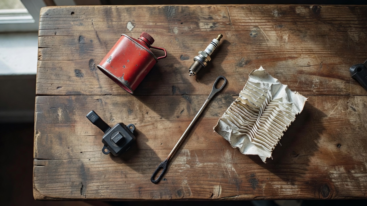 How Do You Get a Lawn Mower Started? (Complete Troubleshooting Guide for Gas, Battery & Riding Mowers) Overhead flat-lay of lawn mower maintenance essentials including fuel can, spark plug, air filter, dipstick, and fuel valve on a wooden workbench