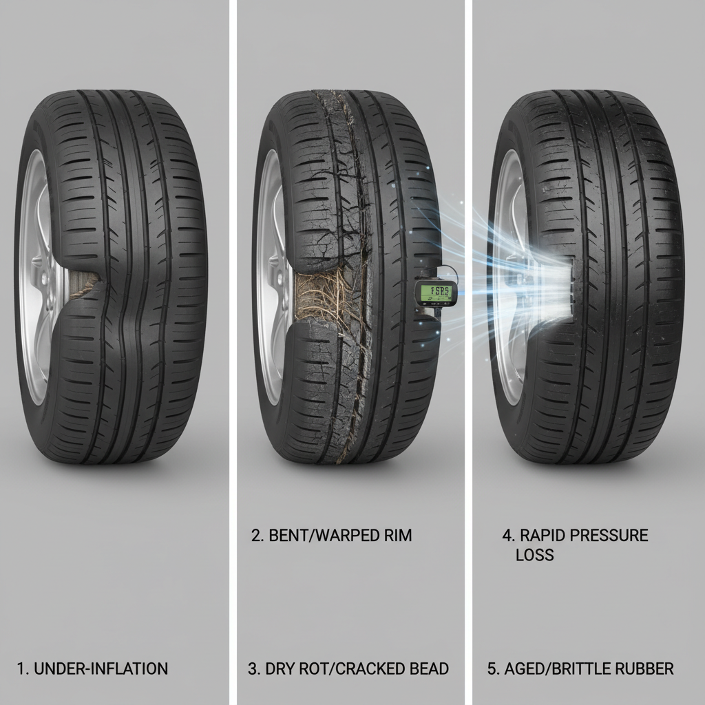 Visual comparison of five causes of lawn mower tire separation including under-inflation, rim damage, bead cracking, pressure loss, and age-related wear