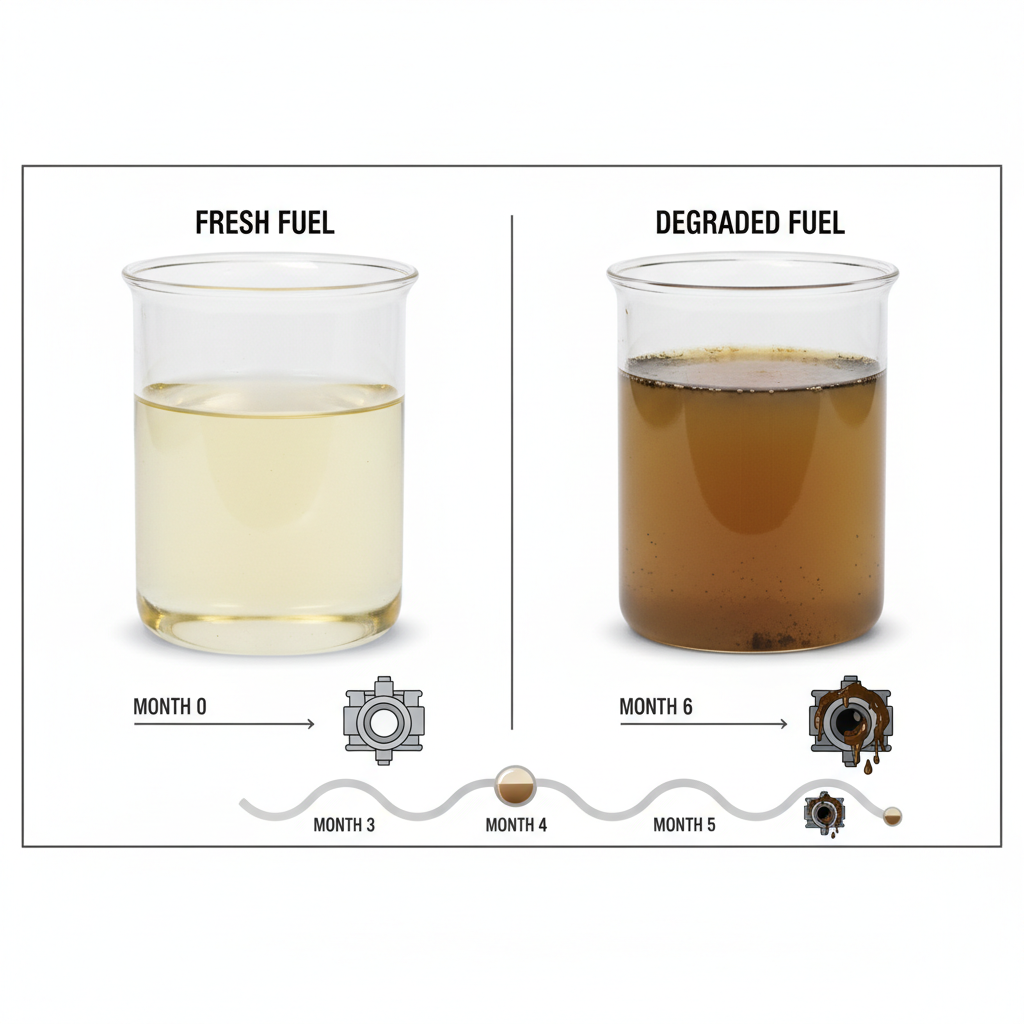 How Do You Get Old Gas Out of a Lawn Mower? (Complete Guide) Fresh gasoline compared to degraded old fuel showing oxidation and gum buildup