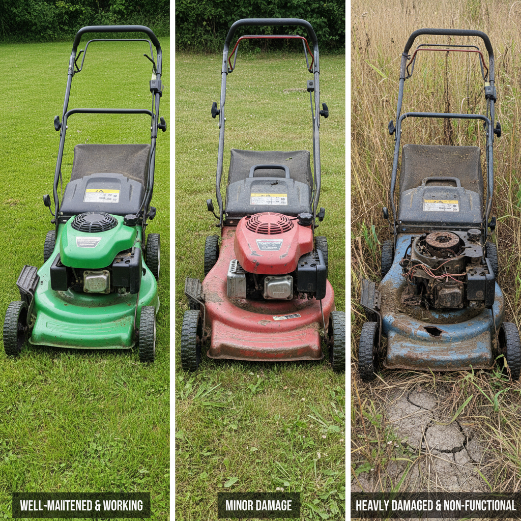 Three lawn mowers showing working, partially functional, and non-functional conditions