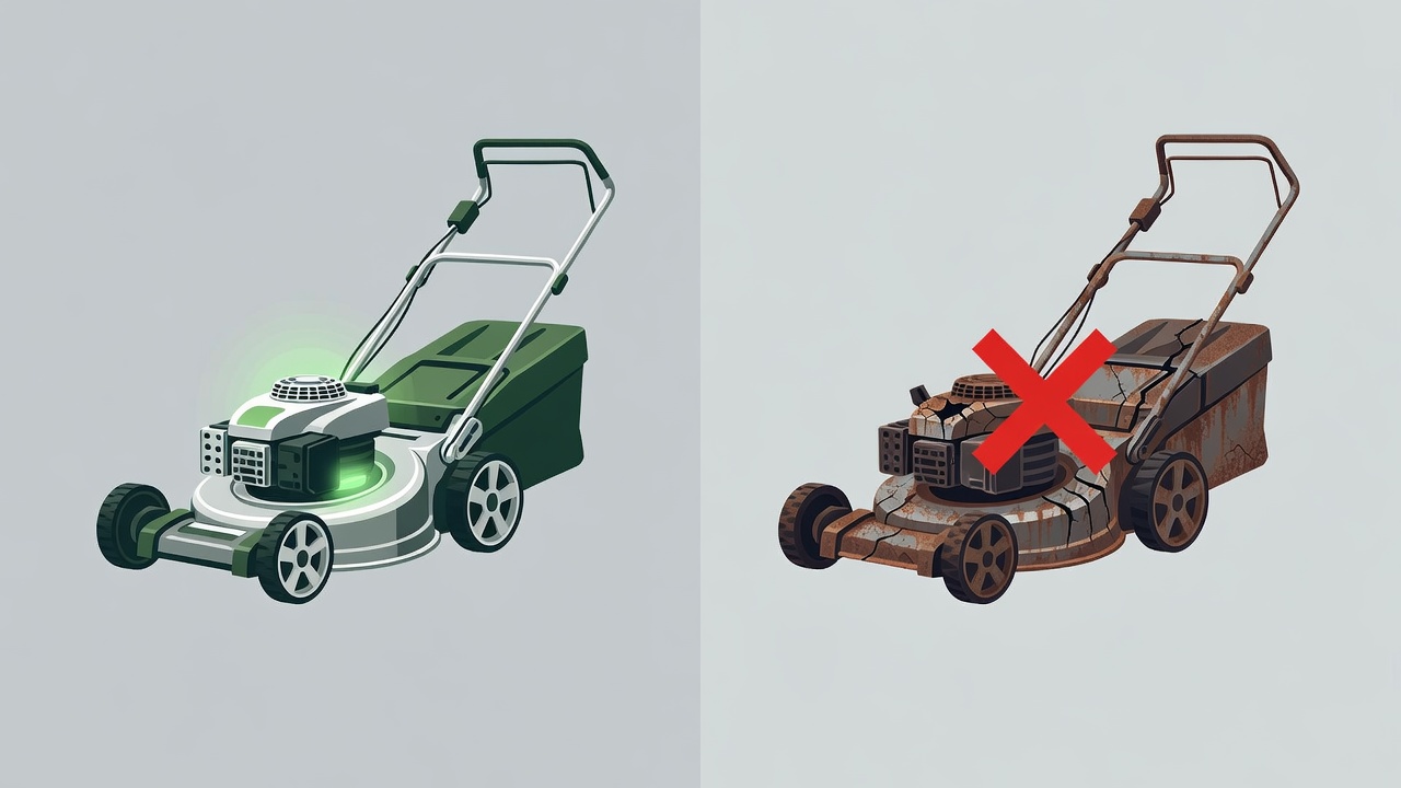 Side-by-side comparison of a working lawn mower versus a broken lawn mower