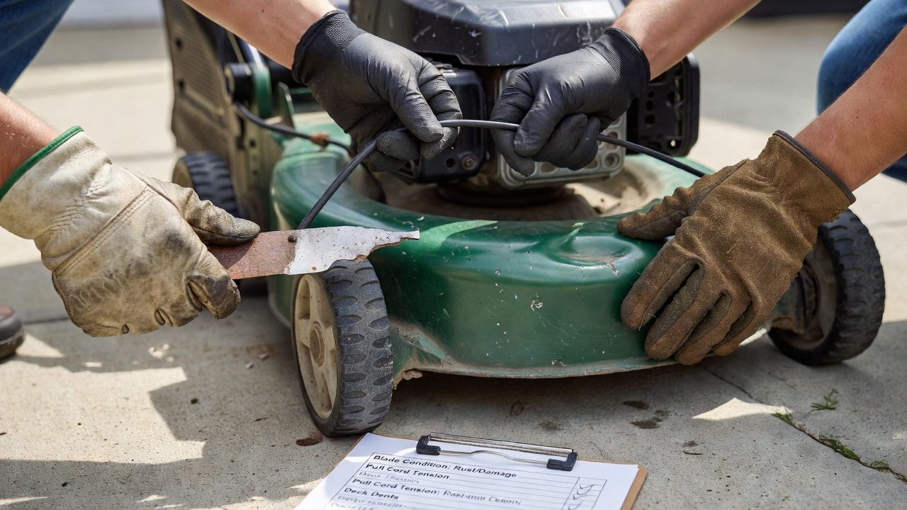 Hands inspecting lawn mower blade, engine, and deck for condition assessment