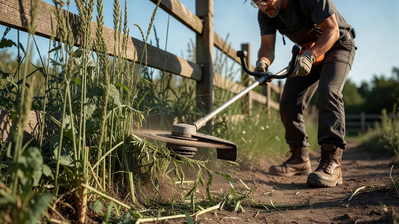 How to Get Rid of Tall Weeds: A Step-by-Step Guide String trimmer cutting tall weeds at ground level along a fence
