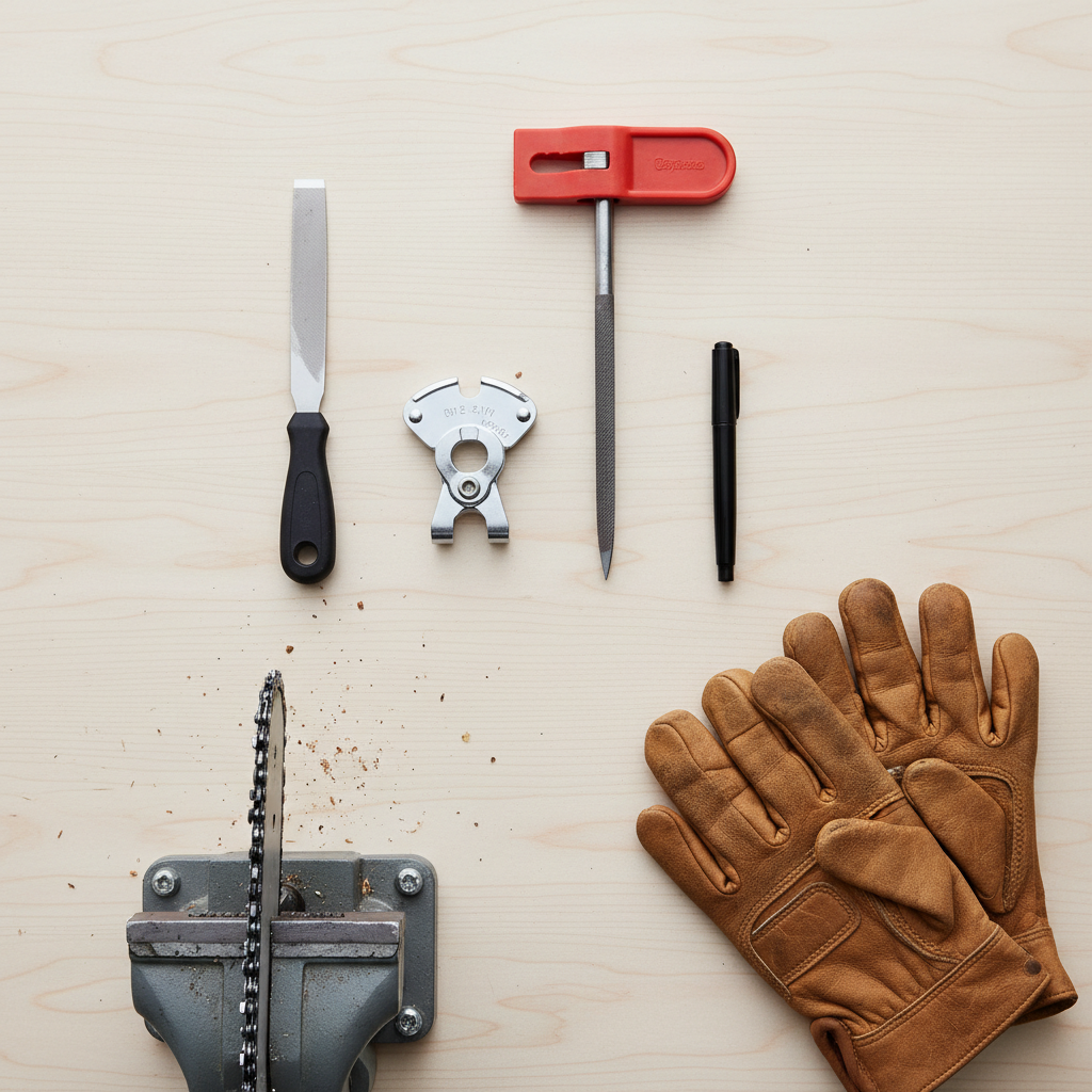 Essential tools for sharpening a chainsaw chain laid out on a workbench, including round and flat files, a file guide, a depth gauge, and gloves.