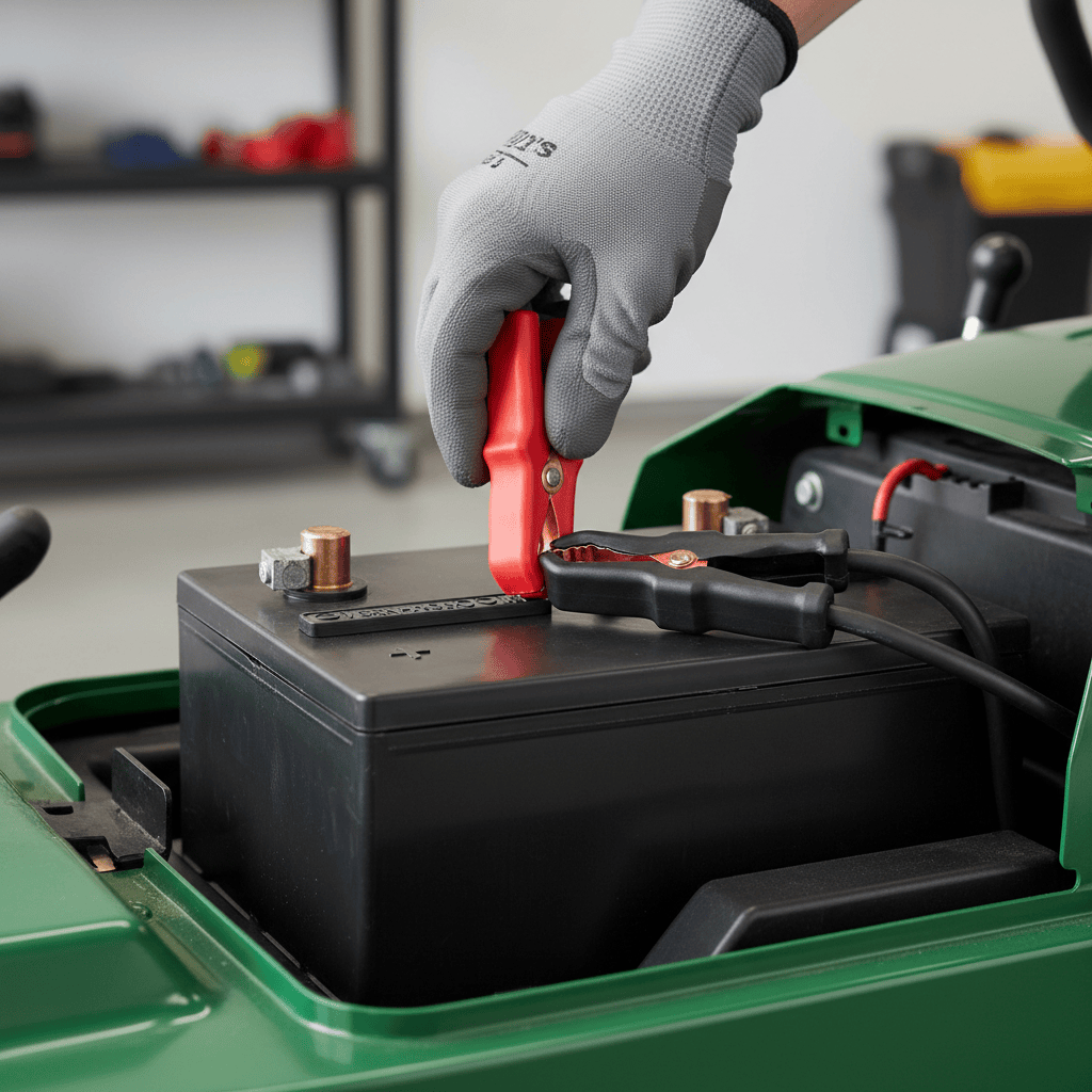 Close-up of a red positive cable clamp being connected to a lawn mower battery terminal