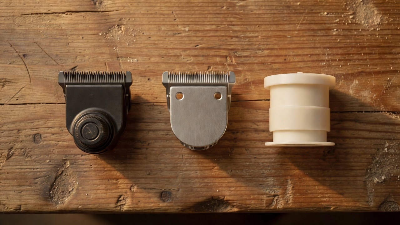 Three trimmer head types displayed side by side on a workbench — bump-feed, fixed-line eyelet, and pre-wound drop-in spool