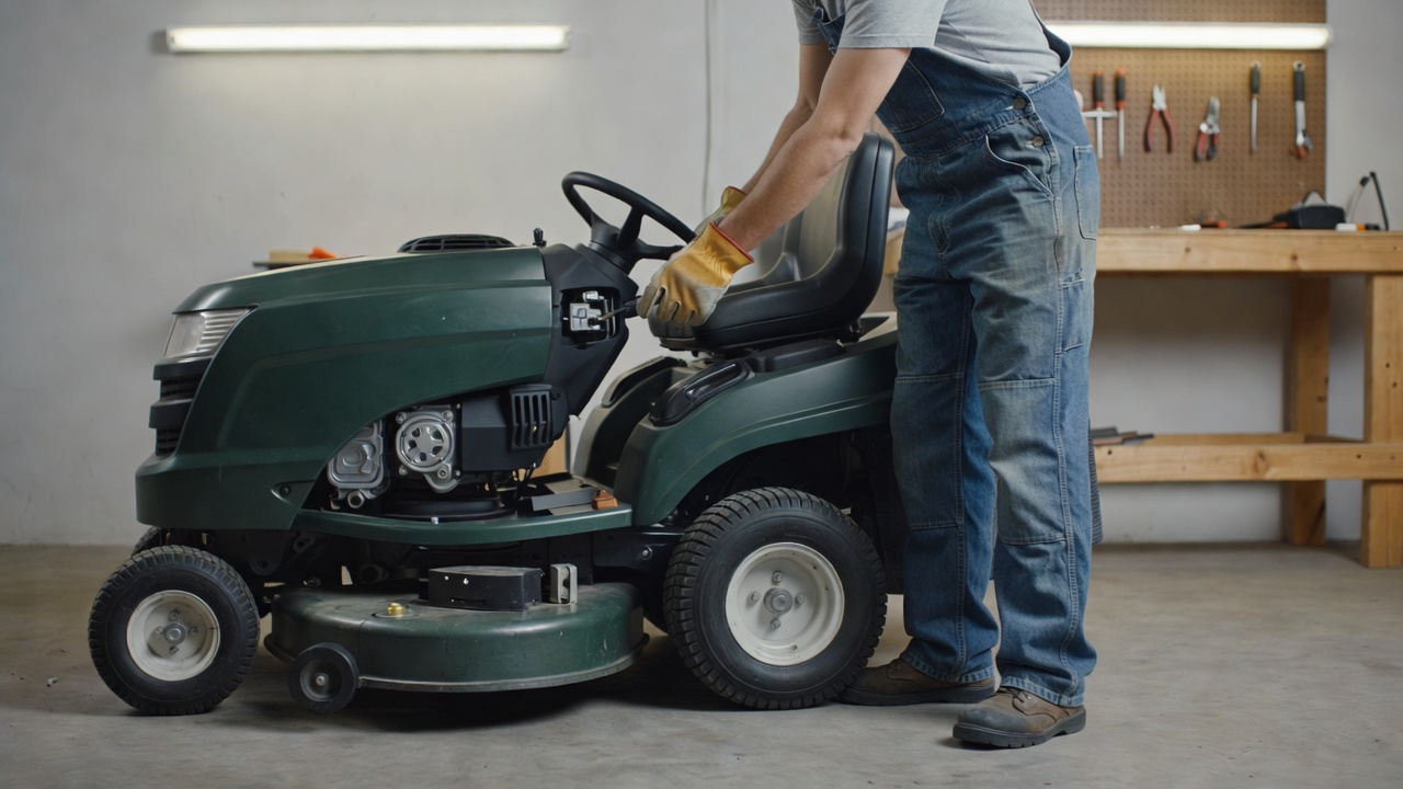 Person preparing a mower for maintenance in a workshop