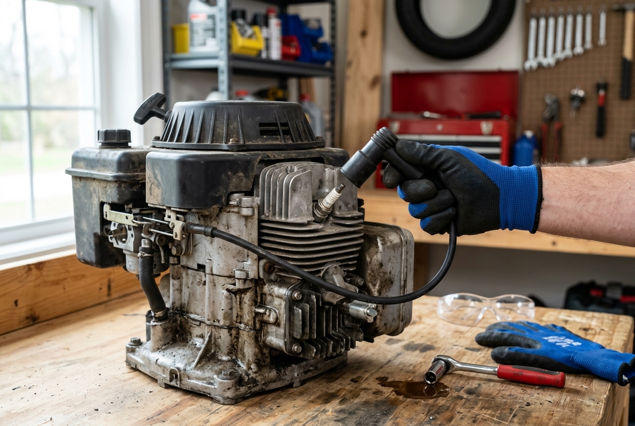 Gloved hand holding a disconnected spark-plug boot away from a mower engine