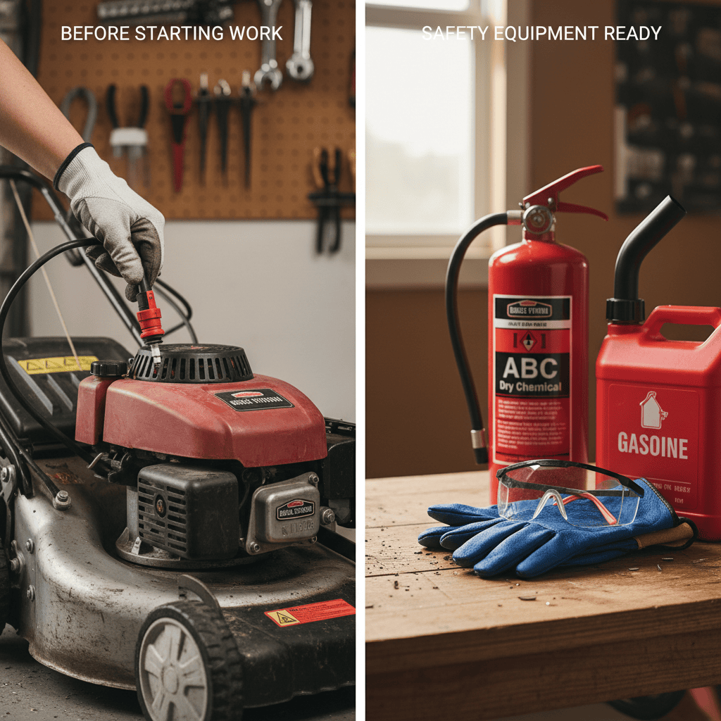 Safety equipment and precautions laid out for lawn mower maintenance