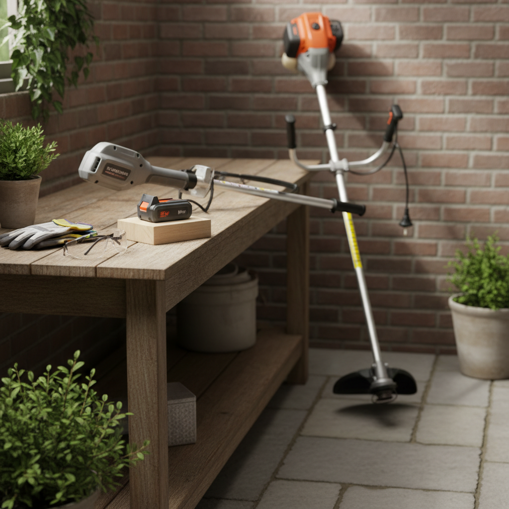 Powered-down string trimmer on a bench with battery removed and safety gear nearby