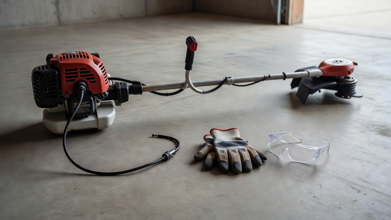 How Do You Install Weed Wacker String? (Bump-Feed, Fixed-Line & Pre-Wound Spool Guide) Gas trimmer with spark plug wire disconnected alongside cut-resistant gloves and safety glasses on concrete