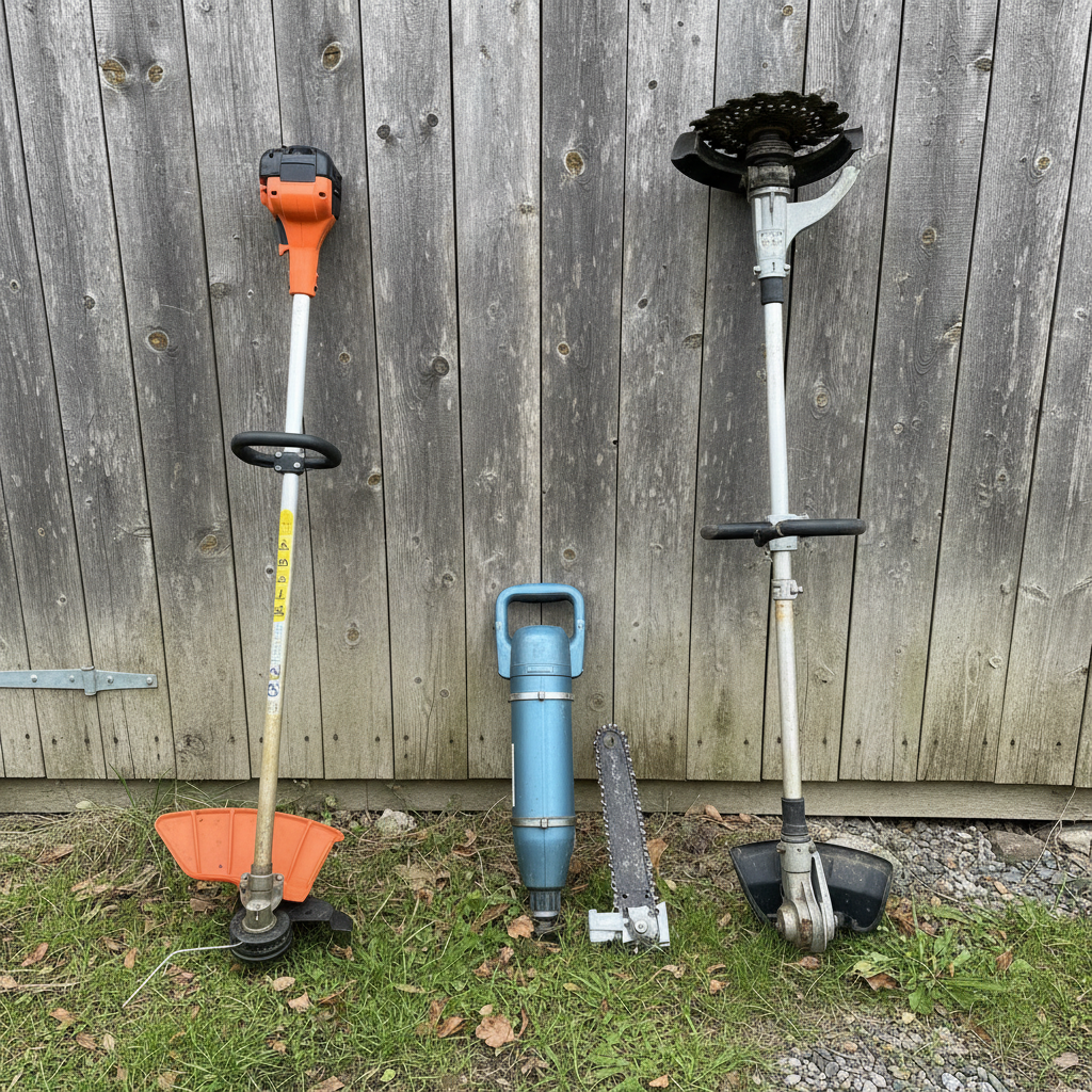 Three different handheld trimmers and a brush cutter resting beside a shed