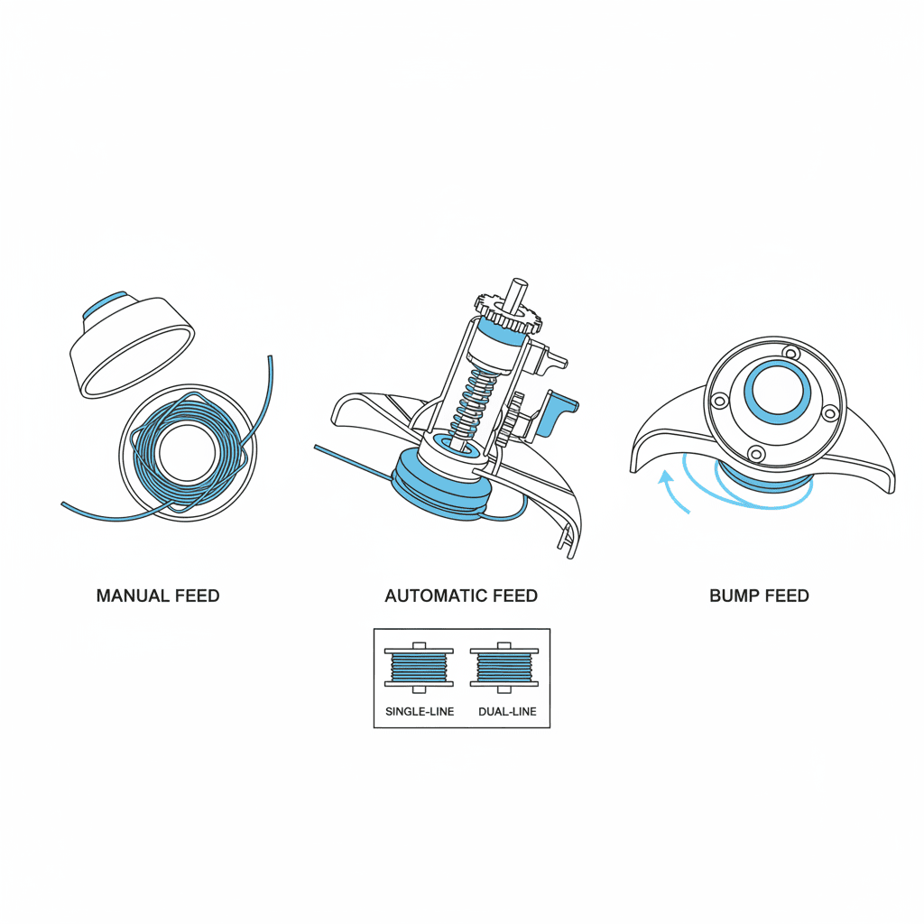 Understanding Your Trimmer Head Type Comparison diagram of manual feed, automatic feed, and bump feed trimmer head types
