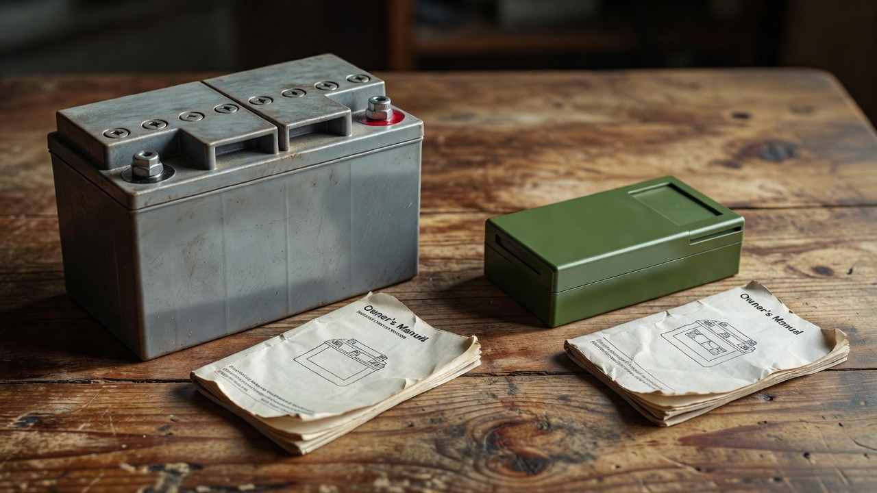 Lead-acid AGM battery and lithium-ion slide-in battery pack side by side on a workshop surface
