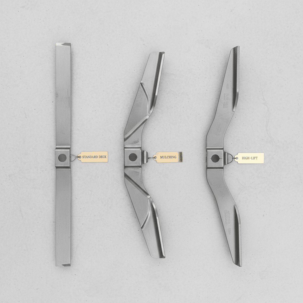 A side-by-side comparison of a standard, mulching, and high-lift lawn mower blade.