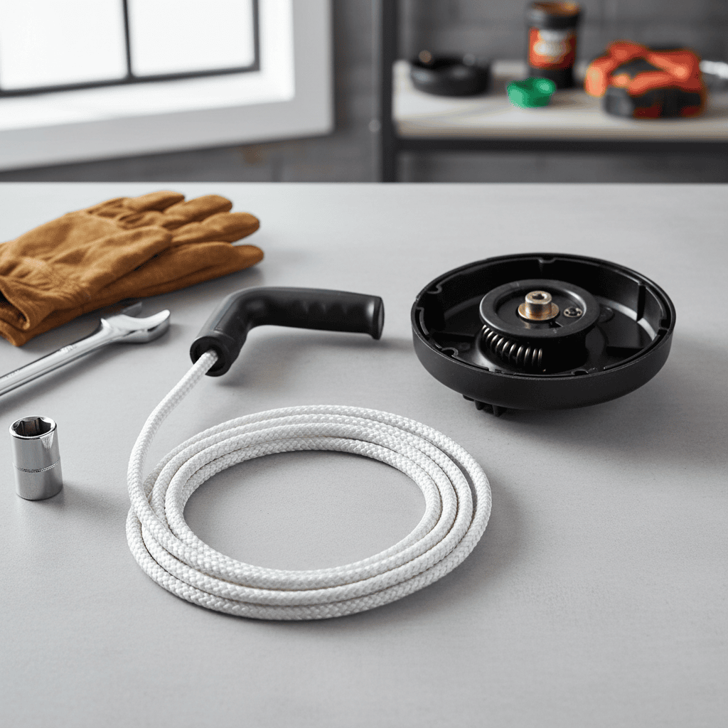 New lawn mower pull cord with plastic handle resting next to a recoil starter housing on a workbench