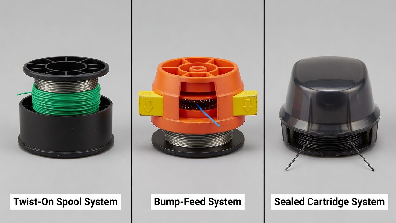 Understanding Your Trimmer Type Three types of trimmer spool systems displayed for comparison: twist-on, bump-feed, and sealed cartridge