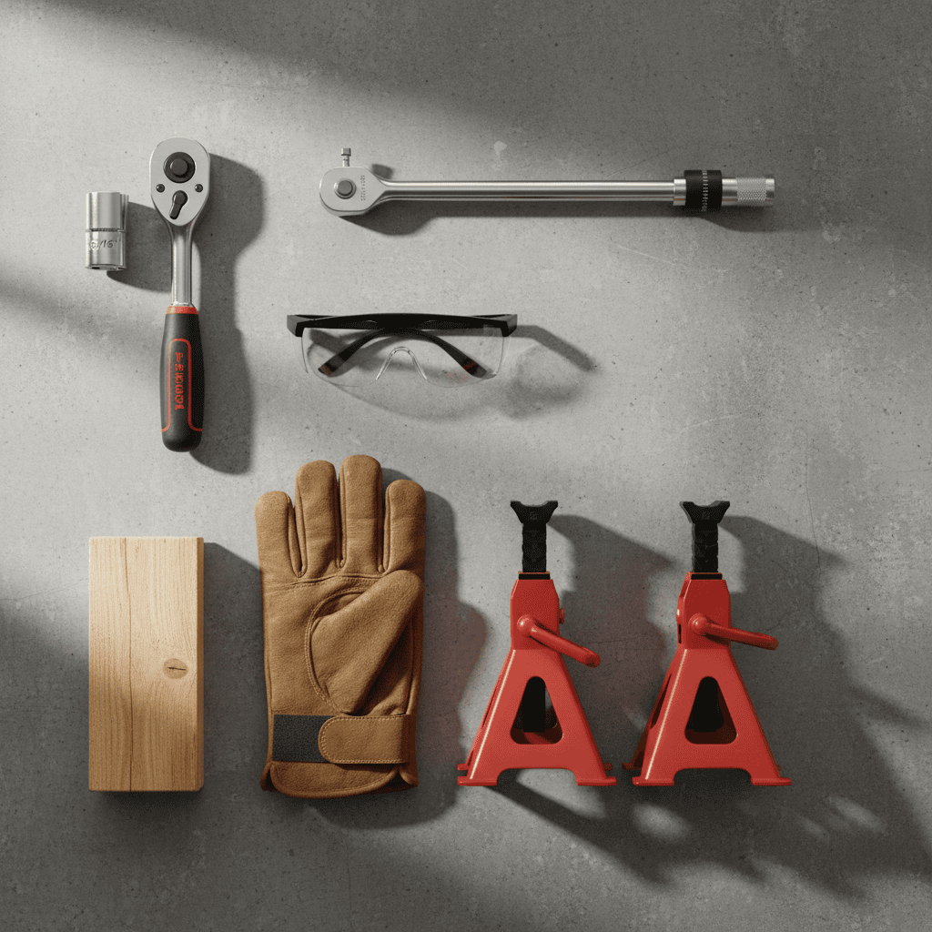 Overhead view of safety gear and tools laid out for changing riding mower blades