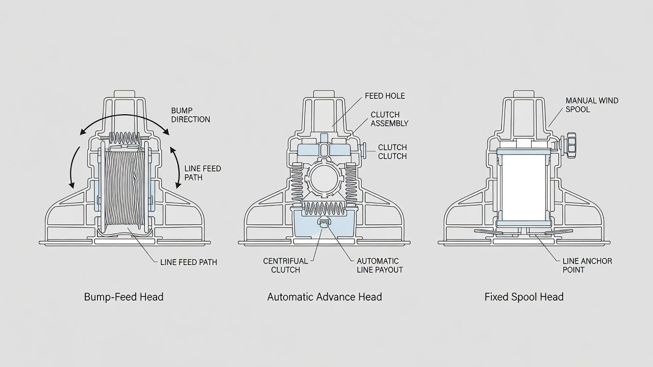 Three trimmer head types displayed as cross-section illustrations showing internal mechanisms