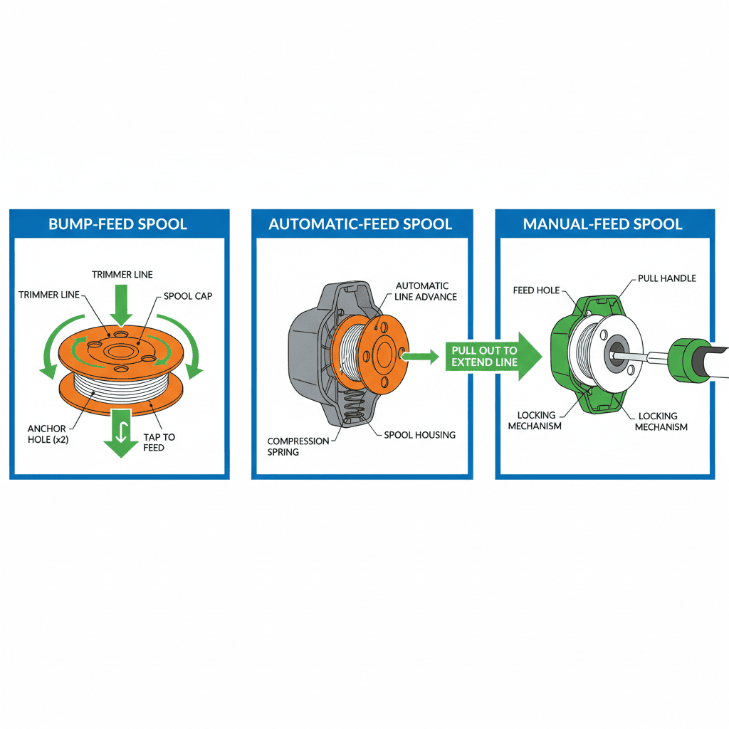 Comparison of bump-feed, automatic-feed, and manual-feed trimmer spool systems
