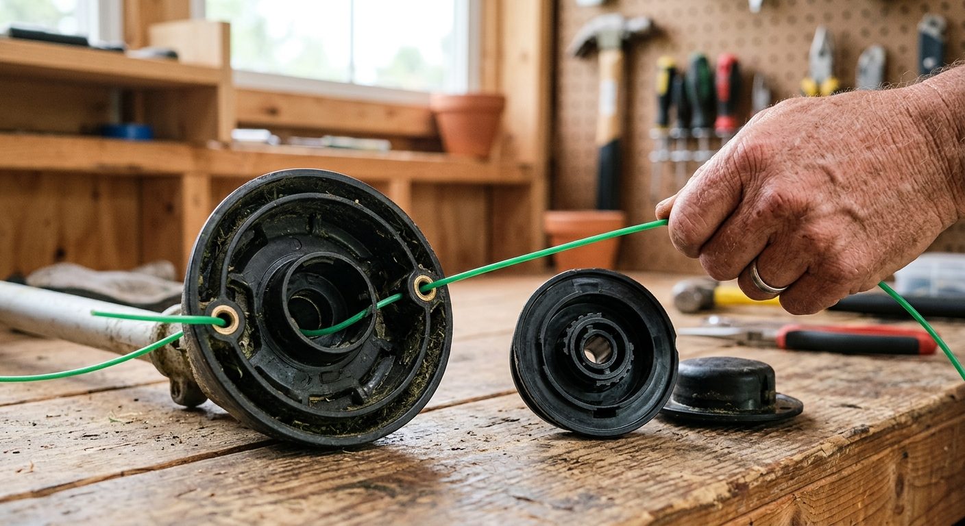Close-up of trimmer line threaded through the eyelets of an open weed trimmer head