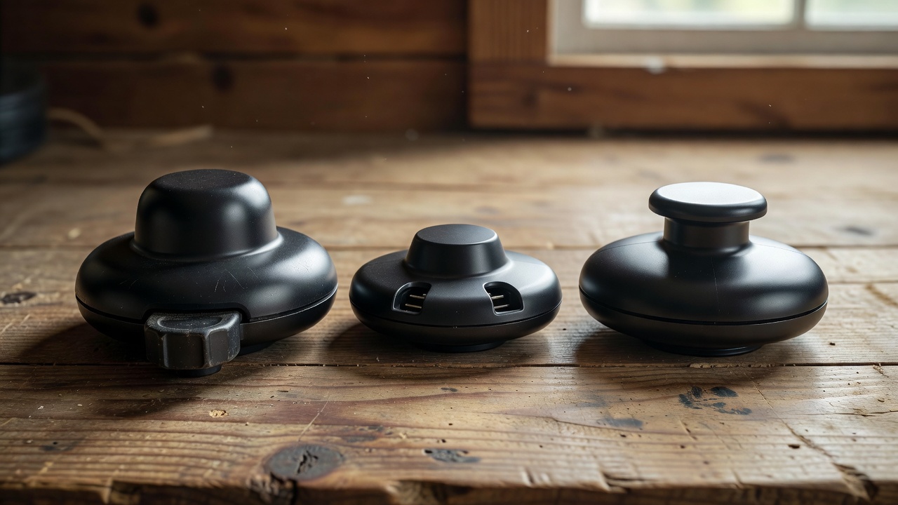 Three types of weed trimmer heads — bump-feed, fixed-line, and automatic-feed — arranged on a workbench