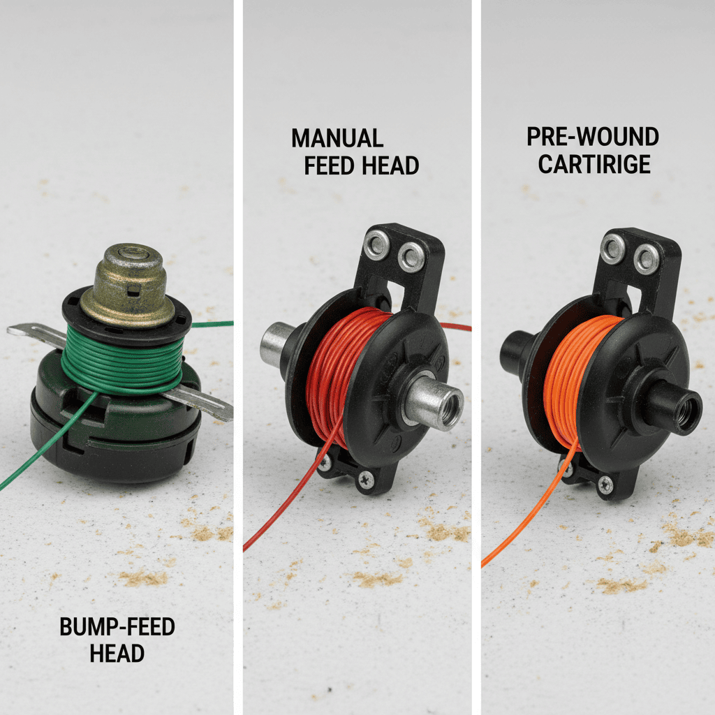 Three types of trimmer heads: bump-feed, manual-feed, and pre-wound cartridge