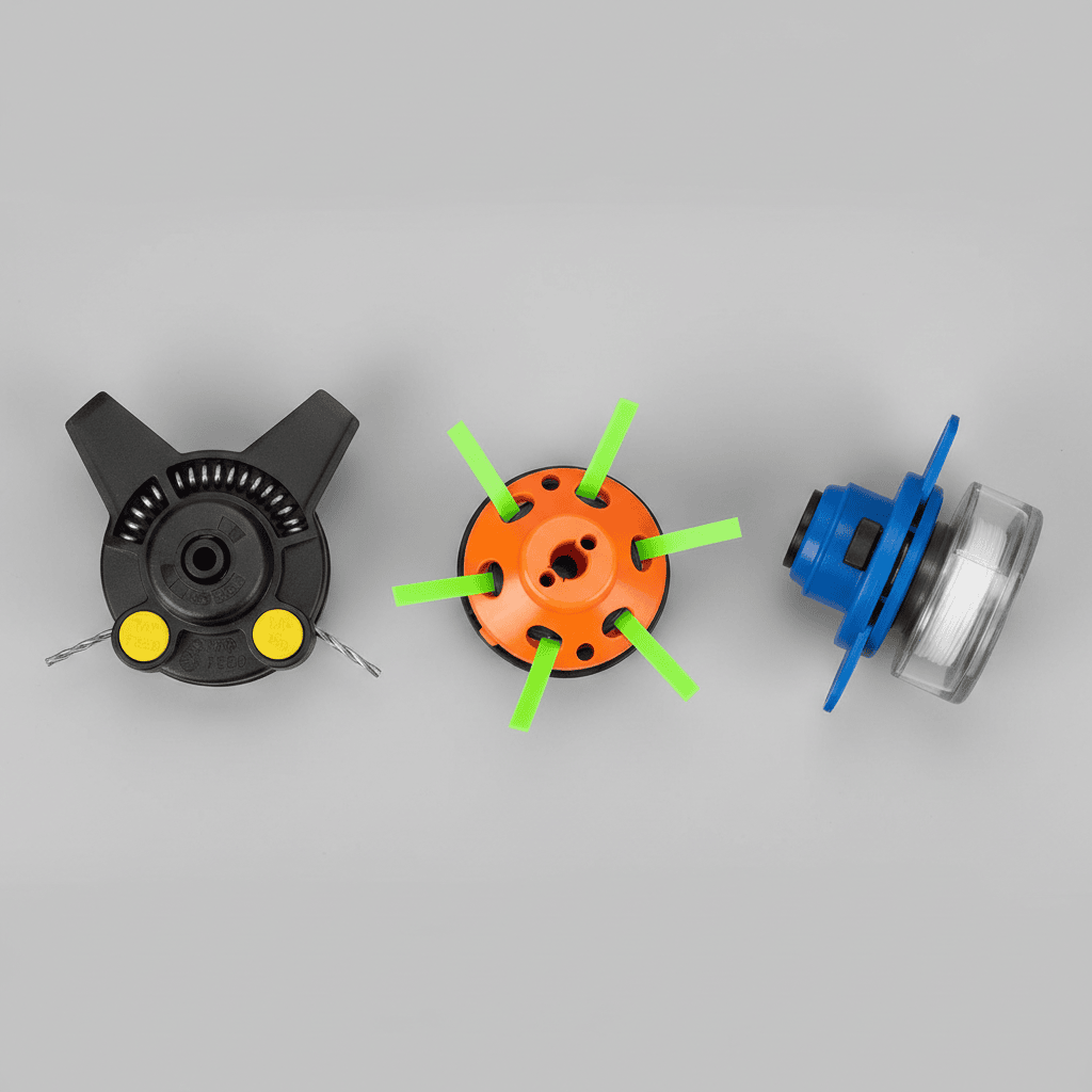 Three types of trimmer heads: bump-feed, fixed-line, and quick-load