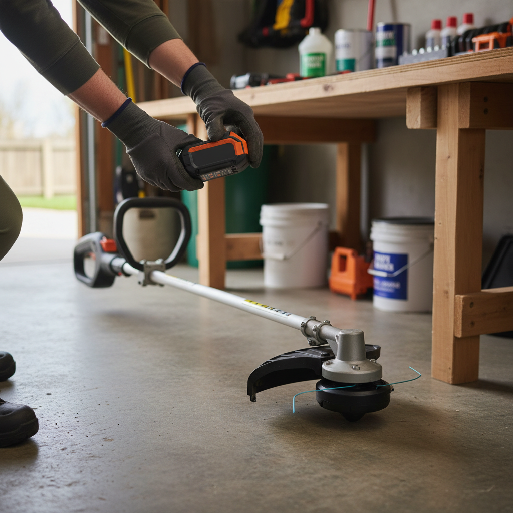 How to Install Wire Trimmer Head Gloved hands removing a battery pack from a string trimmer on a workbench.