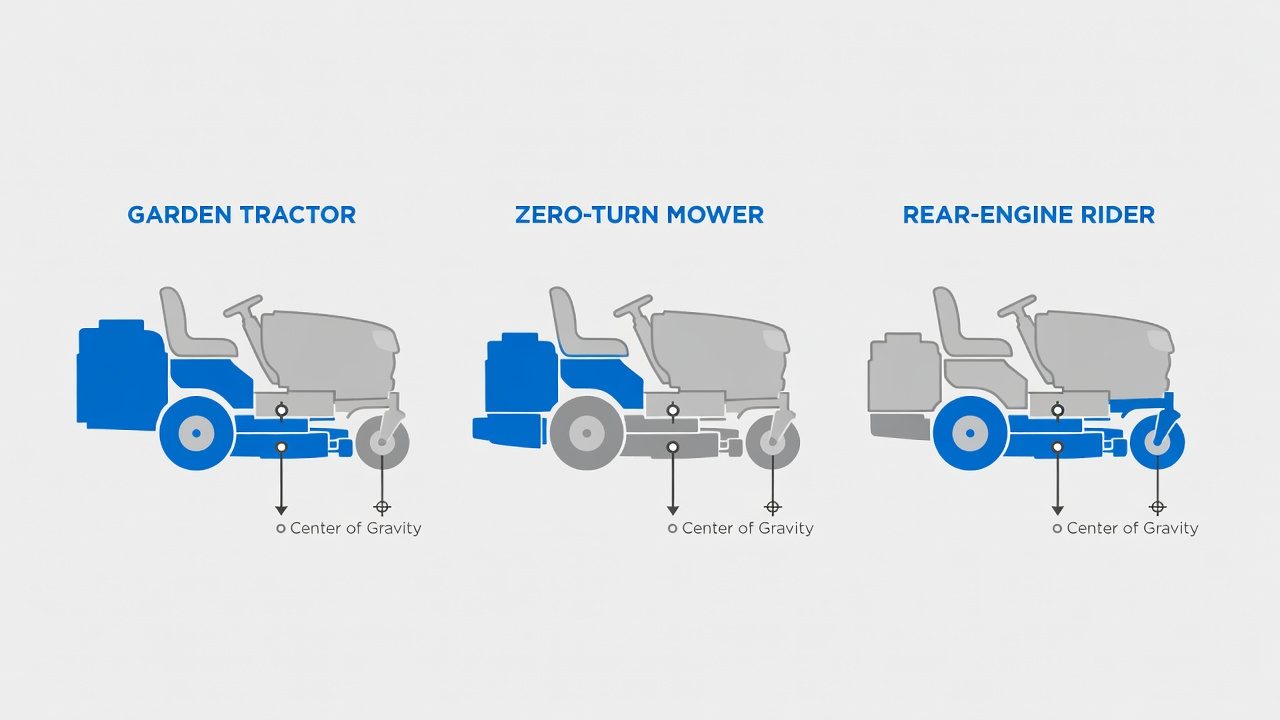 Diagram illustrating weight distribution and lift points for three types of riding lawn mowers