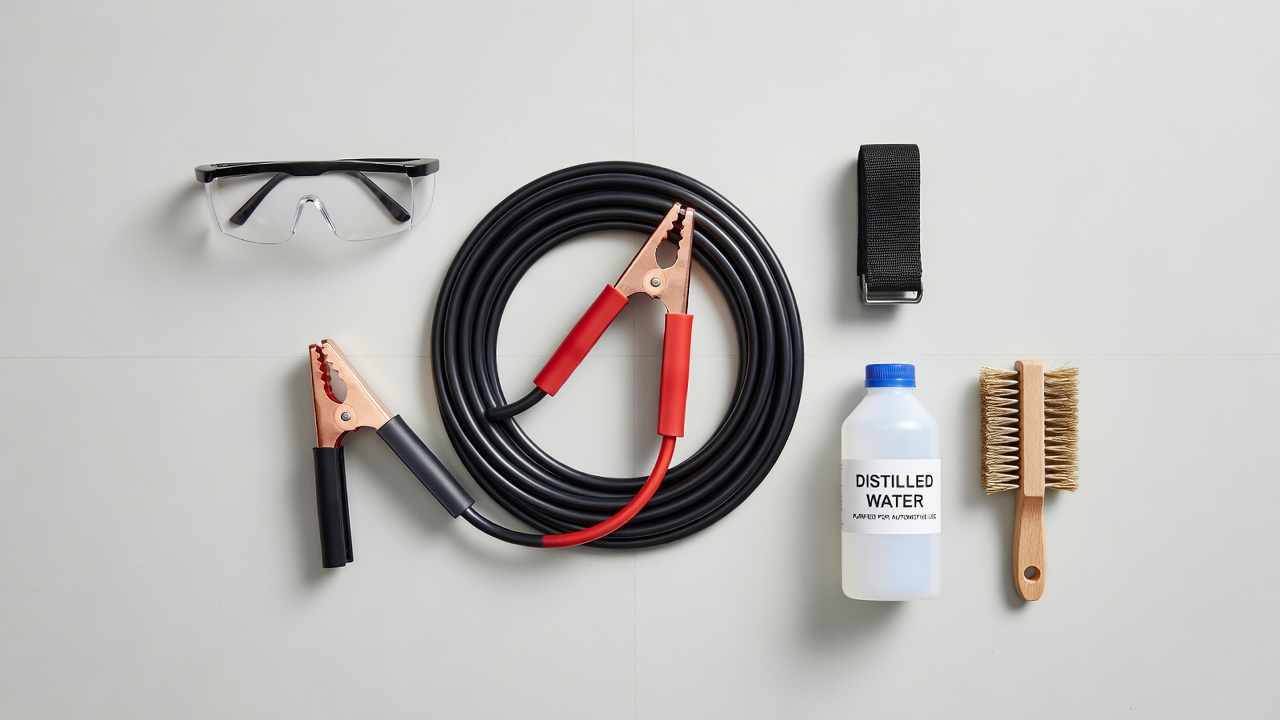 Before You Start: Safety Precautions and Equipment Safety equipment for jump-starting including glasses, cables, and cleaning supplies