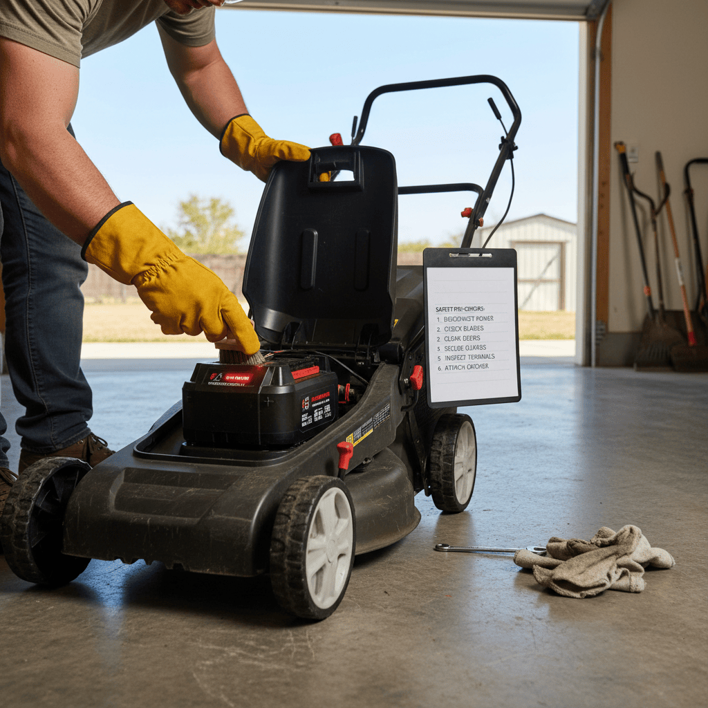 Person with safety gear preparing to jump-start a lawnmower in safe conditions