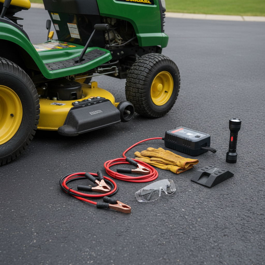 Jump pack, cables, gloves, glasses, and wheel chocks beside a parked mower