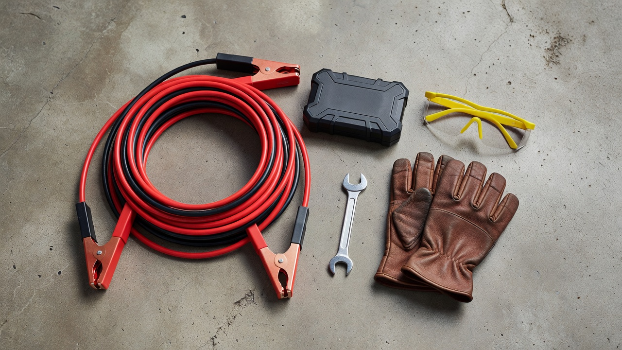 Safety gear and tools needed to jump start a riding lawn mower laid out on a garage floor