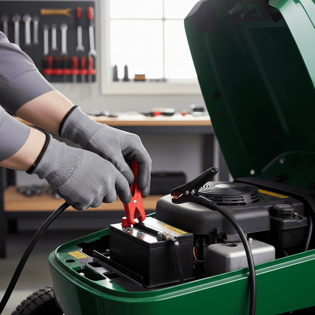 How Do You Jump Start a Lawn Mower? (Step-by-Step Safety Guide) Gloved hands attaching a red jumper cable clamp to a lawn mower battery terminal