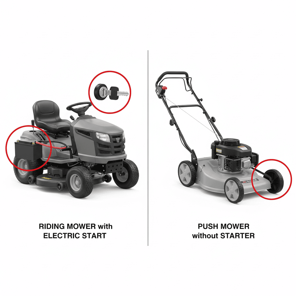 How Do You Jumpstart a Lawn Mower With a Dead Battery? (Step-by-Step Guide) Side-by-side comparison of a riding mower with electric starter and battery versus a push mower with pull-cord starter