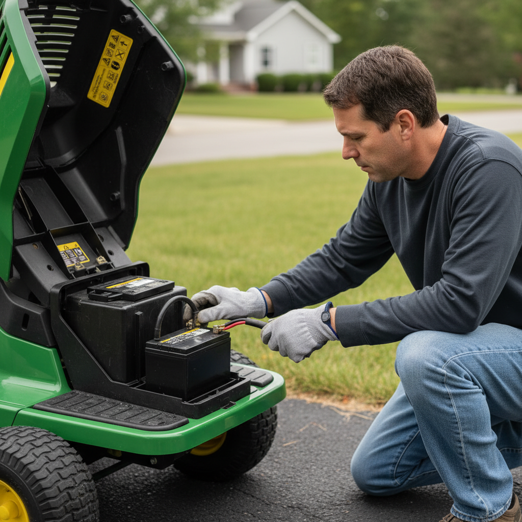 Person inspecting a riding mower battery under a tilted seat on a driveway.