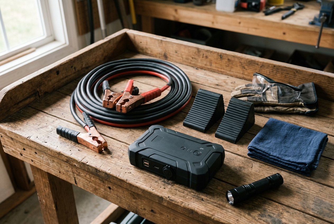 Jumper cables, a portable booster pack, gloves, and safety glasses laid out on a workbench.