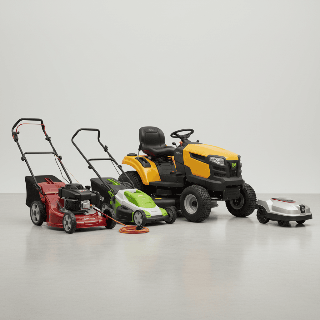 Comparison of four lawn mower types: gas push, electric corded, riding, and robotic models