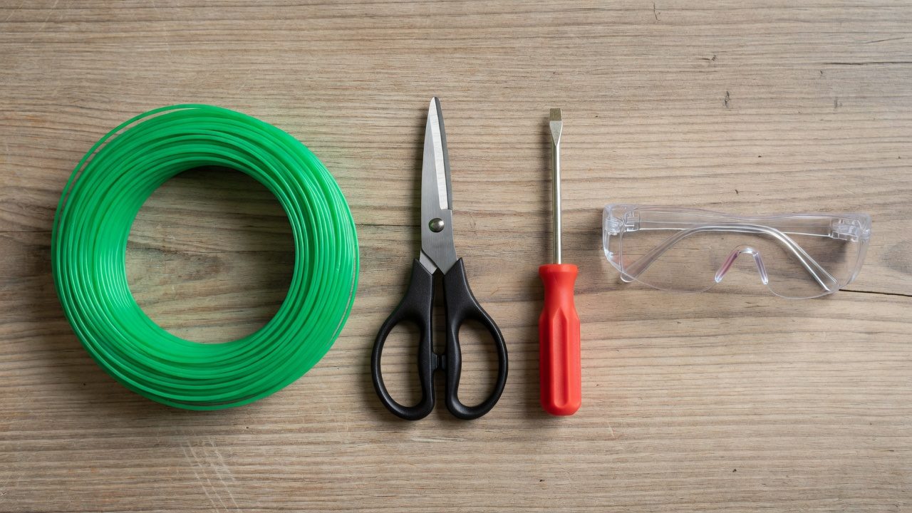 Flat lay of trimmer line, scissors, screwdriver, and safety glasses.