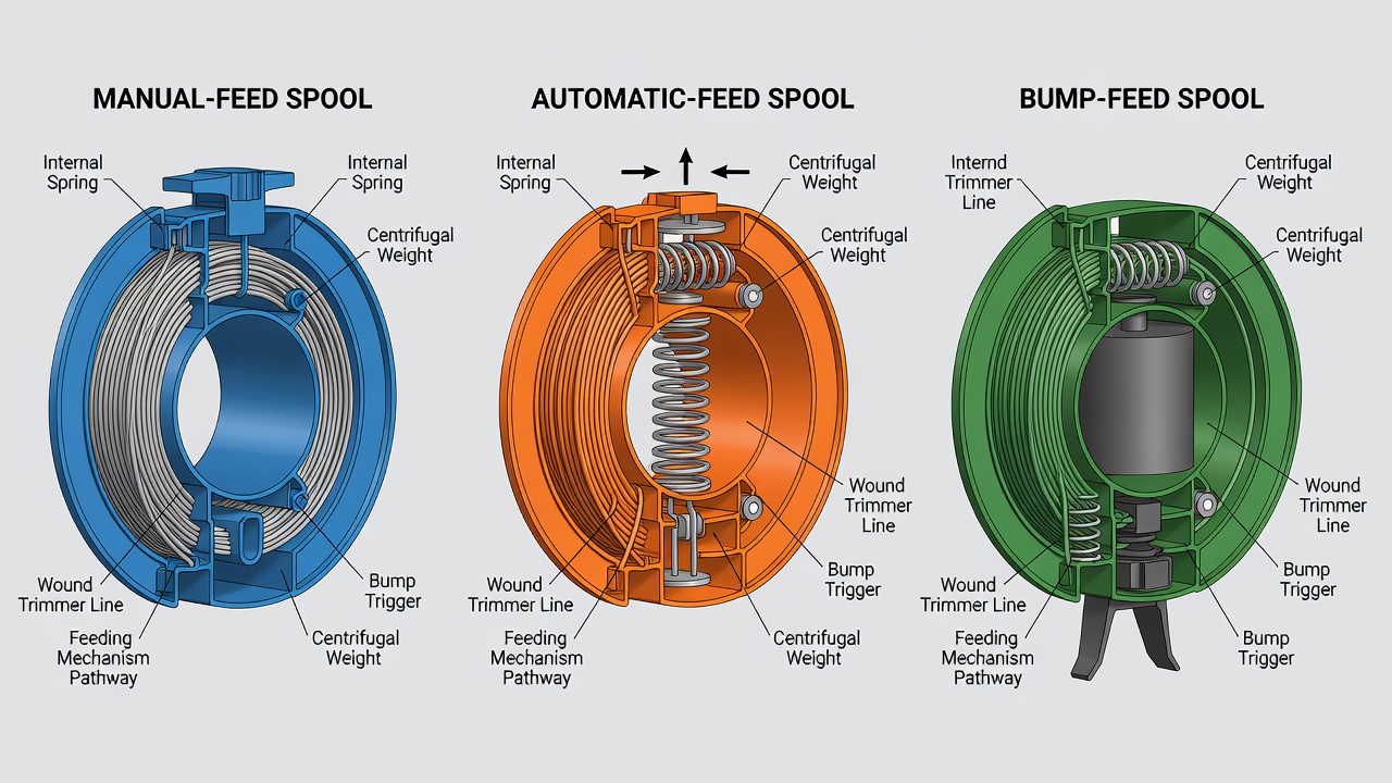 Cross-section comparison of three trimmer spool types and their internal mechanisms