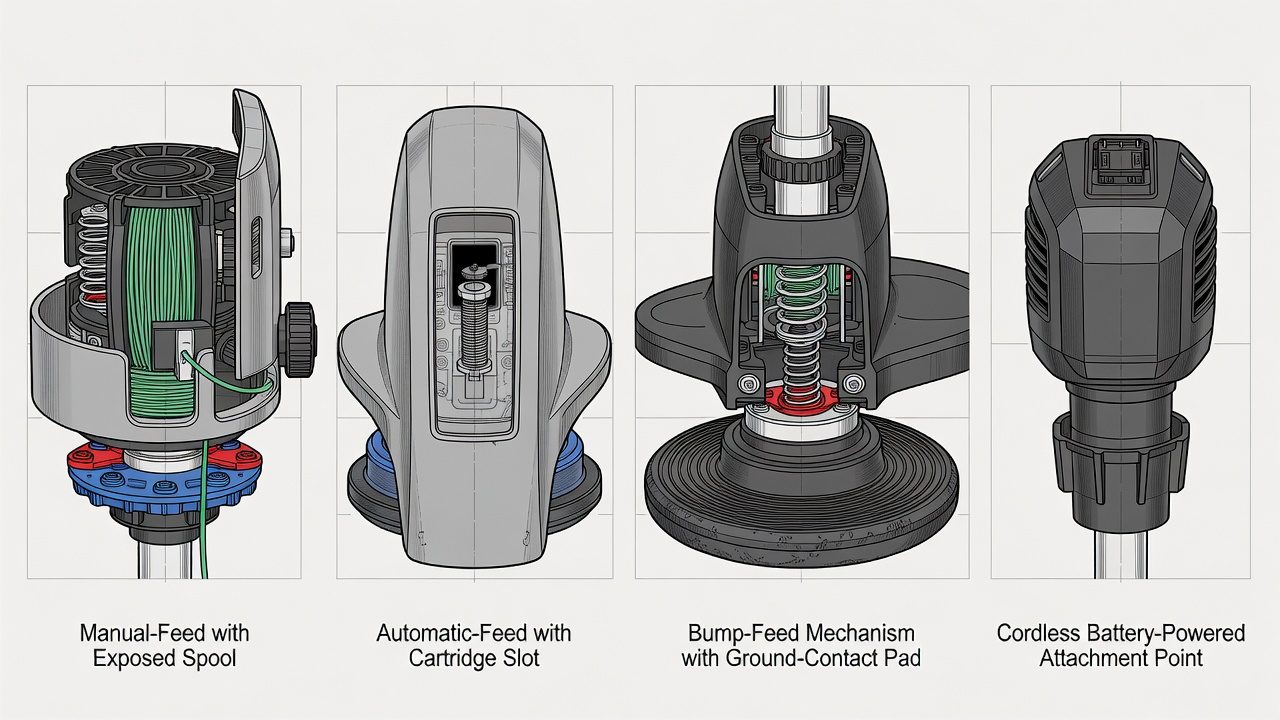 Four types of string trimmer heads showing manual-feed, automatic-feed, bump-feed, and cordless designs