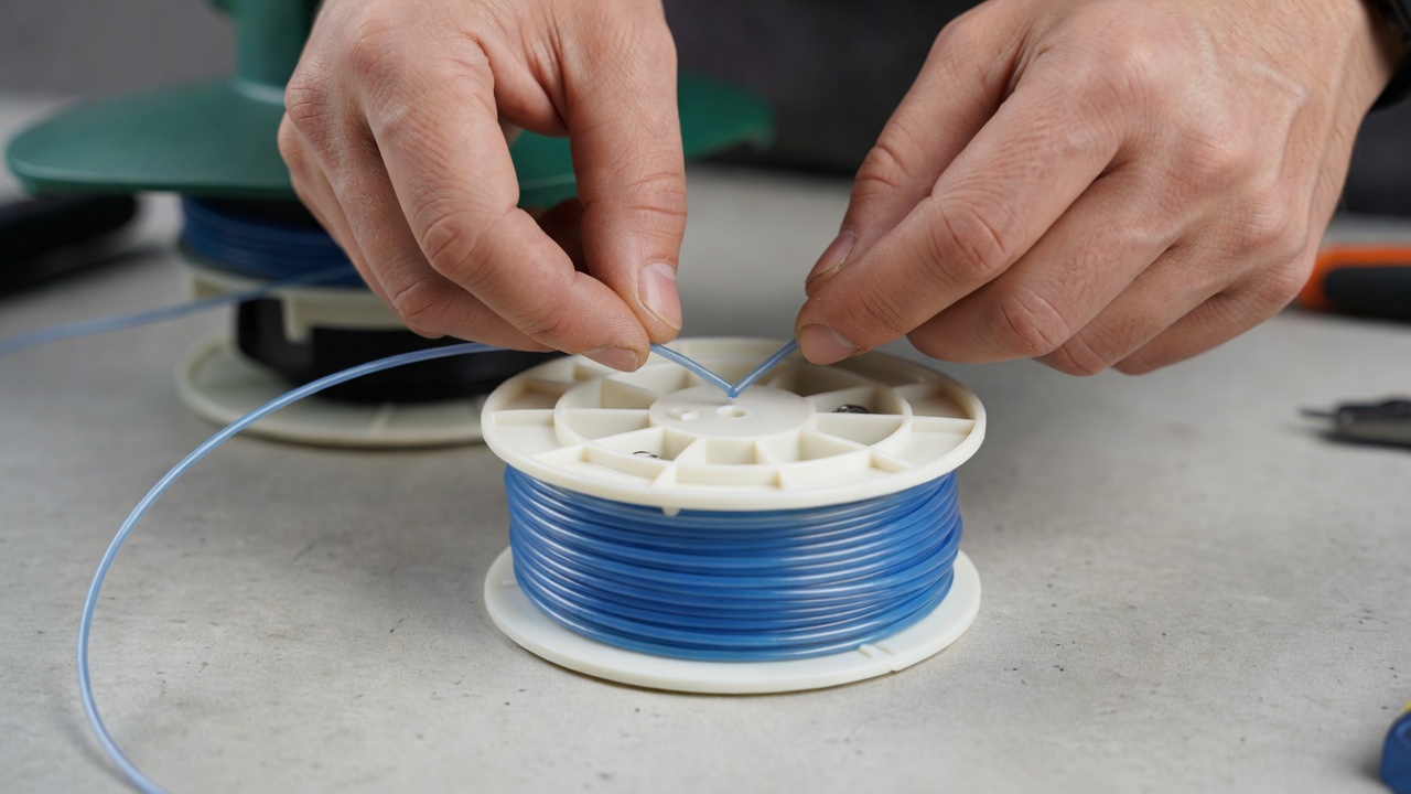 Close-up of inserting trimmer line into the anchor hole of a spool.