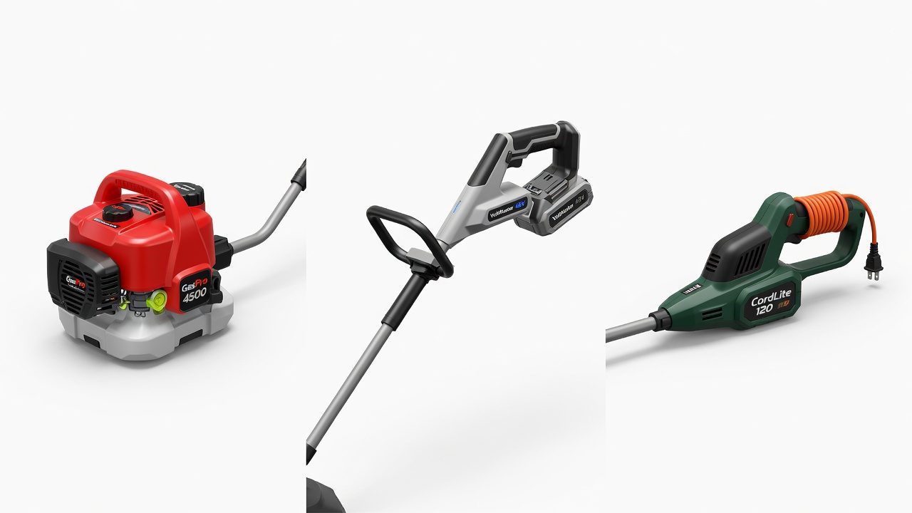 Three weed wacker types displayed separately to show design differences