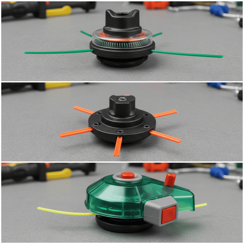 Three different weed wacker trimmer head types displayed for comparison