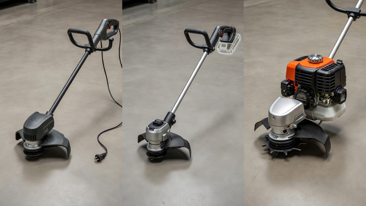 Three string trimmer types displayed for comparison: electric corded, battery-powered, and gas-powered