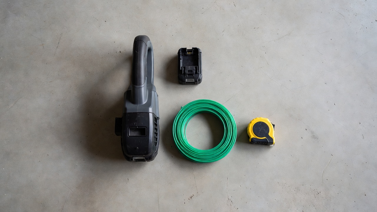 Cordless trimmer with battery removed next to a coil of trimmer line and tape measure laid flat on concrete