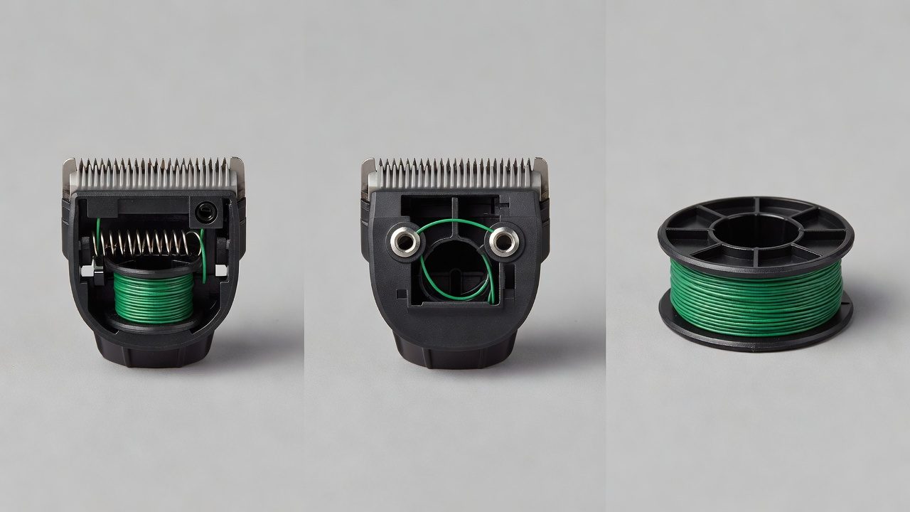 Three trimmer head types displayed: bump-feed, fixed-line, and pre-wound spools