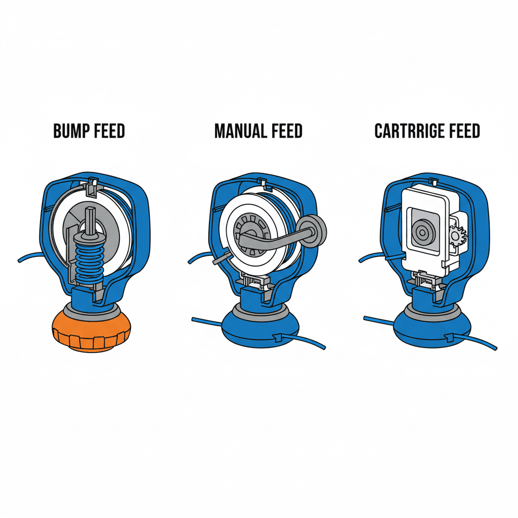 Three types of weed eater spool systems shown in cross-section view